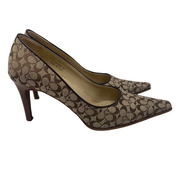Coach Shawna US 7.5 Mini Signature C Canvas Pointed Toe Heels Pumps Italy Brown - Picture 1 of 10